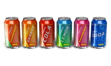 Set of refreshing soda drinks in metal cans